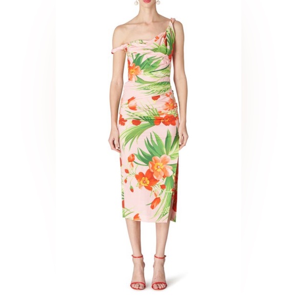 NWT $1890 Carolina Herrera Floral One-Shoulder Ruched Stretch Cotton Dress - 0!